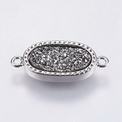 Light Grey Druzy Resin Links connectors, with Brass Finding, Oval, Platinum, Light Grey, 21x9.5x3.5~4mm, Hole: 1.5mm