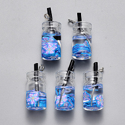 Синий Стеклянные подвески для бутылок, со смолой и полимерной глиной внутри, железный глаз из пластика и платины, имитация сока бутылки, синие, 24~26x10 мм, отверстие : 1.6 мм