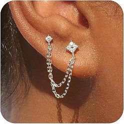 Серебро Серьги-гвоздики с кисточками из прозрачного кубического циркония в форме цветка, серебряные, 44 мм