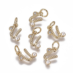 Letter U Латунь прелести, с фианитами и оболочки жемчужиной шарик, буквы, золотые, прозрачные, letter.u, 9.5~11x3.5~10.8x3~3.5 мм, отверстие : 3.5 мм
