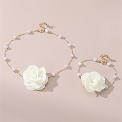 Белый Ожерелья и браслеты с подвесками из розовой ткани и пластикового жемчуга, сплав ювелирных изделий, золотые, белые, 360 мм