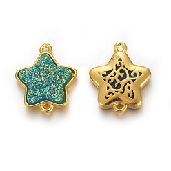 Turquoise Brass Links connectors, with Druzy Resin, Golden Plated Color, Star, Turquoise, 17.5x15x3.7mm, Hole: 1mm