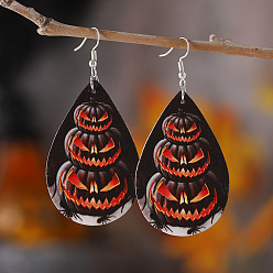Тыква Серьги-капли из искусственной кожи на Хэллоуин, с серьгами из нержавеющей стали и крючком, оранжевые, платина, тыква, 75x35 мм