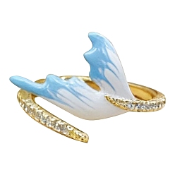 Dodger Blue Brass Micro Pave Cubic Zirconia Cuff Open Rings, with Enamel, Fishtail, Golden, Dodger Blue, 15~20mm
