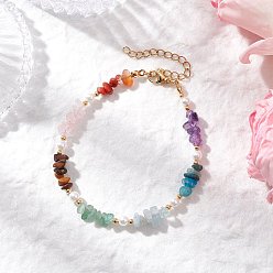 Смешанные камни Браслеты из натурального розового кварца, аметиста, апатита, аквамарина, зеленого авантюрина, тигрового глаза и сердолика для женщин, с 304 удлинителями цепи из нержавеющей стали и бусиной из ракушки, 7-3/8 дюйм (18.6 см)