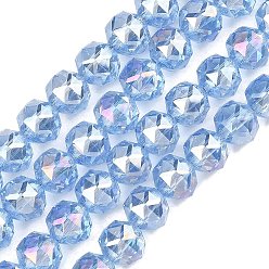 Васильковый Гальванизируйте прозрачное стекло бисер нитей, рондель, граненые, граненые, васильковый, 7.5~8x6.5~7 мм, отверстие : 1.2 мм, около 70 шт / нитка, 19.29~19.37'' (49~49.2 см)
