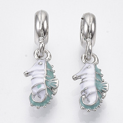 Platinum Alloy European Dangle Charms, with Enamel, Large Hole Pendants, Sea Horse, White, Platinum, 27.5mm, Hole: 5mm, Sea Horse: 17x5x8.5mm