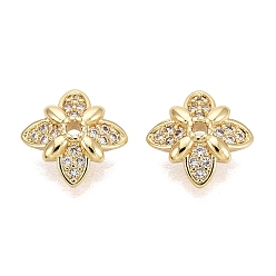 Настоящее золото 18K Колпачки для бусин из прозрачного кубического циркония из латуни, цветок, реальный 18 k позолоченный, 10x10x3.5 мм, отверстие : 1.2 мм