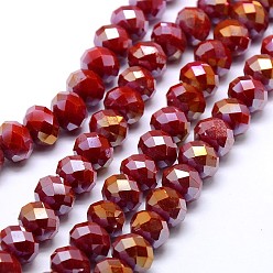 Dark Red Electroplate Opaque Solid Color Crystal Glass Rondelle Beads Strands, Faceted, AB Color Plated, Dark Red, 10x7mm, Hole: 1mm, about 70pcs/strand, 20 inch