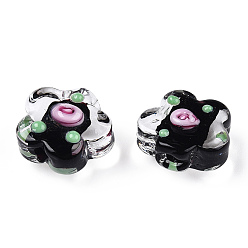 Черный Ручной работы ухабистым Шарики Lampwork, цветка сливы, чёрные, 13.5~14.5x15x8~10 мм, отверстие : 1.5~1.8 мм