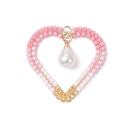 Pink Подвески в форме сердца из латунного стекла с бусинами, с имитацией жемчуга из АБС-пластика и 304 открытыми соединительными кольцами из нержавеющей стали, градиент цвета, розовые, 33.5x35x7.5 мм, отверстие : 3 мм
