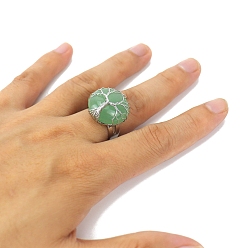 Green Aventurine Metal Wire Wrapped Natural Green Aventurine Open Cuff Rings, Flat Round with Tree of Life Ring for Men , Adjustable 
