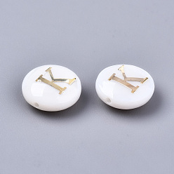 Letter K Natural Freshwater Shell Beads, with Golden Plated Brass Etched Metal Embellishments, Flat Round, Seashell Color, Letter.K, 8x3~5mm, Hole: 0.5~07mm