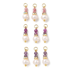 Purple 3Pcs 3 Styles Faceted Natural Ruby & Rhodonite & Amethyst and Potato Pearl Pandants, Round Beaded Charms, Golden, Purple, 16~17.5x6~6.5x5~6mm, Hole: 2.5mm, about 1Pc/style