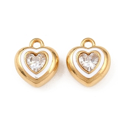 Белый 304 нержавеющей стальной эмали подвески, сердце, со стразами, реальный 18 k позолоченный, вакуумное покрытие pvd, белые, 16x14x7.5 мм, отверстие : 2 мм