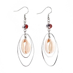 Red Brass Dangle Earrings, with Electroplate Glass Beads and Shell Beads, Red, 72~73mm, Pin: 0.6