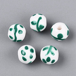 Sea Green Handmade Porcelain Beads, Hand Painted, Famille Rose Porcelain, Round & Branch, Sea Green, 10.5mm, Hole: 2.5mm