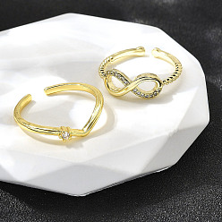 Настоящее золото 18K 2 шт 2 стили латунные микро паве прозрачные кубические манжеты циркониевые кольца для женщин, без кадмия, без никеля и без свинца, реальный 18 k позолоченный, 4.5 mm и 6.5 mm, Внутренний диаметр: 17.5 мм и 18.5 мм