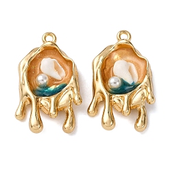 (404) Непрозрачное AB Кислое яблоко Подвески из эмалевого сплава легкого золота, плавление в форме раковины, с ABS имитации жемчуга, стойки покрытие, цветочный белый, 27.5x17x5.5 мм, отверстие : 1.5 мм