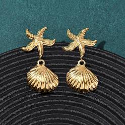 Настоящее золото 18K 304 серьги-гвоздики из нержавеющей стали в форме ракушки с подвесками в форме морской звезды, ионное покрытие (ip), реальный 18 k позолоченный, 39x18.5 мм