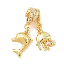 Настоящее золото 18K Латунные микропаве прозрачные подвески с фианитом, дельфины с подвесками в виде медуз, без кадмия и без свинца, стойки покрытие, долговечный, реальный 18 k позолоченный, 28.5 мм, отверстия: 4.5 мм и 3 мм.
