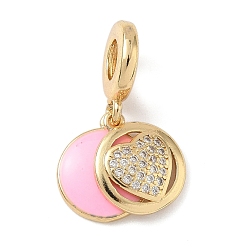 Настоящее золото 18K Латунь микропаве прозрачный кубический цирконий европейские подвески с подвесками, подвески в форме сердца с большим отверстием в форме диска розовой эмали, реальный 18 k позолоченный, 24.5 мм, отверстие : 4.8 мм