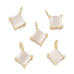 Белый Подвески из латунной кошки, плоский ромбный шарм, долговечный, стойки покрытие, без свинца и без кадмия, реальный 18 k позолоченный, белые, 11x8x4 мм, отверстие : 2 мм