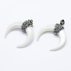 Белый Подвески из натурального белого жемчуга, С обретением латуни и горный хрусталь, двойной рог / полумесяц, металлический черный , белые, 37~38x34~35x8~11 мм, отверстие : 5x8 мм