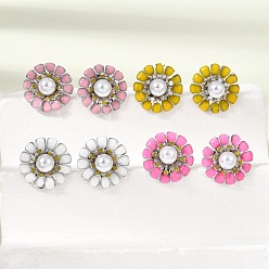Couleur Mélangete Boucles d'oreille en laiton émaillé, fleur, avec des perles en plastique abs, sans plomb et sans cadmium, crémaillère plaquage, plaqué longue durée, platine, couleur mixte, 13.5~14mm