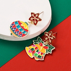 Colorful Alloy Enamel Dangle Stud Earrings, Christmas Asymmetrical Earrings for Women, with Sterling Silver Pin, Colorful, 37x12mm