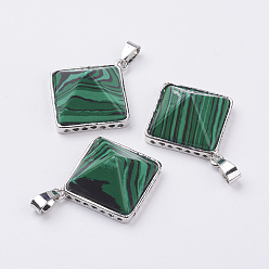 Малахит Синтетического малахита подвески, с латунной найти, пирамида, платина, 28.5x32x13 мм, отверстие : 3.5x6 мм