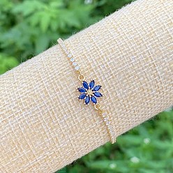 Синий Латунь микро проложить кубический цирконий слайдер браслеты, браслеты для женщин, цветок, синие, 6-1/2~9-5/8 дюйм (16.5~24.5 см)