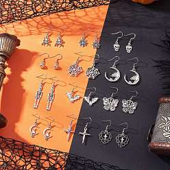 Mixed Shapes Серьги-подвески из тибетского сплава на хэллоуин, с 304 нержавеющей стали серьги крючки, античное серебро, разнообразные, разнообразные, 27~56.5x8~23.5 мм, 12 пар / набор