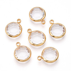 Прозрачный K 9 стеклянные подвески, плоско-круглые, с латунной фурнитурой , граненые, реальный 18 k позолоченный, прозрачные, 13.5~14x10.5~11x3.5~4 мм, отверстие : 1.8 мм