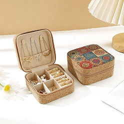 Цвет Древесины Пробковая шкатулка для драгоценностей, бархатом внутри, коробка для хранения ожерелья и сережек для путешествий, квадратные с цветком, деревесиные, 10x10x5 см