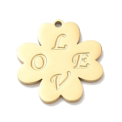 Real 18K Gold Plated 304 Stainless Steel Pendants, Clover with Word Love Charms, Rack Plating, Long-Lasting Plated, Real 18K Gold Plated, 20x19x1.5mm, Hole: 1.4mm