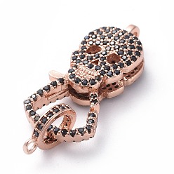 Rose Gold Brass Micro Pave Cubic Zirconia Lobster Claw Clasps, with Bail Beads/Tube Bails, Skull, Black, Long-Lasting Plated, Rose Gold, 25x12x5.5mm, Hole: 1.5mm