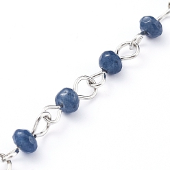 Marine Blue Handmade Natural Malaysia Jade Beaded Chains, with Platinum Plated Iron Eye Pin, Unwelded, Marine Blue, Beads: 4x3mm, about 39.37 inch(1m)/strand