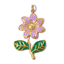 Фиолетовый 304 нержавеющая сталь с эмалевыми подвесками, ионное покрытие (ip), цветок с подвесками в виде листьев, ручная полировка, реальный 18 k позолоченный, фиолетовые, 28x16 мм, отверстие : 2.6 мм
