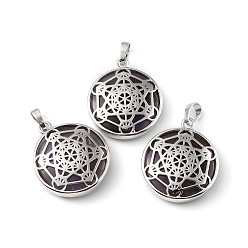 Аметист Подвески из натурального аметиста , с реечной обшивкой латунными выводами, без кадмия и без свинца, плоский круглый со звездными подвесками, 32~32.5x27.5~28x7 мм, отверстие : 8.5x5 мм