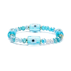 Cyan Column with Evil Eye Lampwork & Glass Beaded Stretch Bracelet for Women, Cyan, Inner Diameter: 1-7/8 inch(4.7cm)