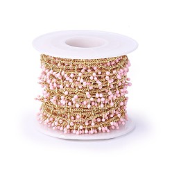Розовый Ручной цепи эмаль бисера, с латунной обуздать цепей, пайки, с катушкой, долговечный, реальный 18 k позолоченный, туманная роза, 5.5x1.5~2 мм, около 32.8 футов (10 м) / рулон