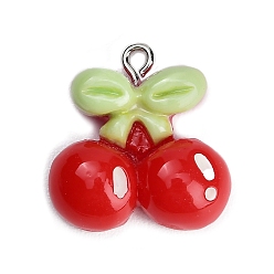 Roja Resina con colgantes de aleación, alimento de imitación, encantos de cereza, Platino, rojo, 22x20.5x7 mm, agujero: 1.8 mm