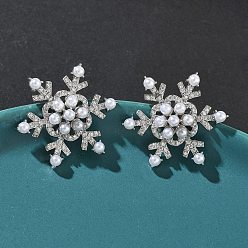 Платина Серьги-гвоздики из латуни с микропаве из кубических цирконий в форме снежинки, с пластиковой жемчужины, стойки покрытие, долговечный, без кадмия и без свинца, платина, 28x24 мм