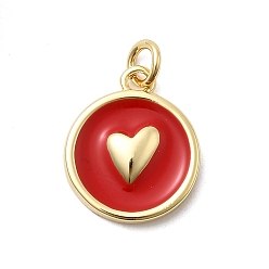 Красный Латунь эмаль подвески, плоско-круглые с сердцем, стойки покрытие, долговечный, без кадмия и без свинца, реальный 18 k позолоченный, с целью перехода в кольце, красные, 17x14x3 мм, отверстие : 3.2 мм