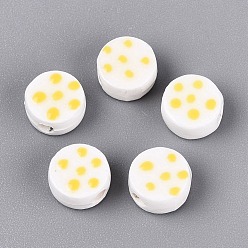 Yellow Handmade Porcelain Beads, Hand Painted, Famille Rose Porcelain, Flat Round with Polka Dot, Yellow, 8.5x4.5mm, Hole: 1.8~2mm