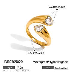 Золотой 304 кольца из циркониевого кубического кольца из нержавеющей стали, сердце, золотые, размер США 7 1/2 (17.7 мм)