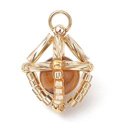 Сэнди Коричневый Подвески из натурального тигрового глаза и стеклянных бусин ручной работы круглой формы, с прыжковых колец, золотые, песчаный коричневый, 17.5x15x15 мм, отверстие : 2.8 мм