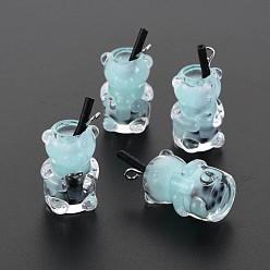 Бледно-бирюзовый Непрозрачные смоляные подвески, имитирующие чай с пузырьками, Полимерная глина внутри, с акриловой чашкой и железной фурнитурой, медведь, бледные бирюзовая, 24~32x14x13 мм, отверстие : 1.8 мм