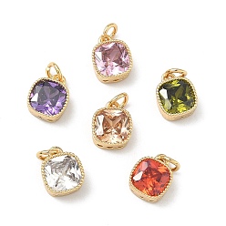 (52) Непрозрачная лаванда Латунные микро проложить кубического циркония подвески, квадратные амулеты, без свинца и без кадмия, стойки покрытие, долговечный, реальный 18 k позолоченный, разноцветные, 9x7x3.5 мм, Перейти кольцо: 4x0.8 мм, внутренний диаметр: 2.5 мм